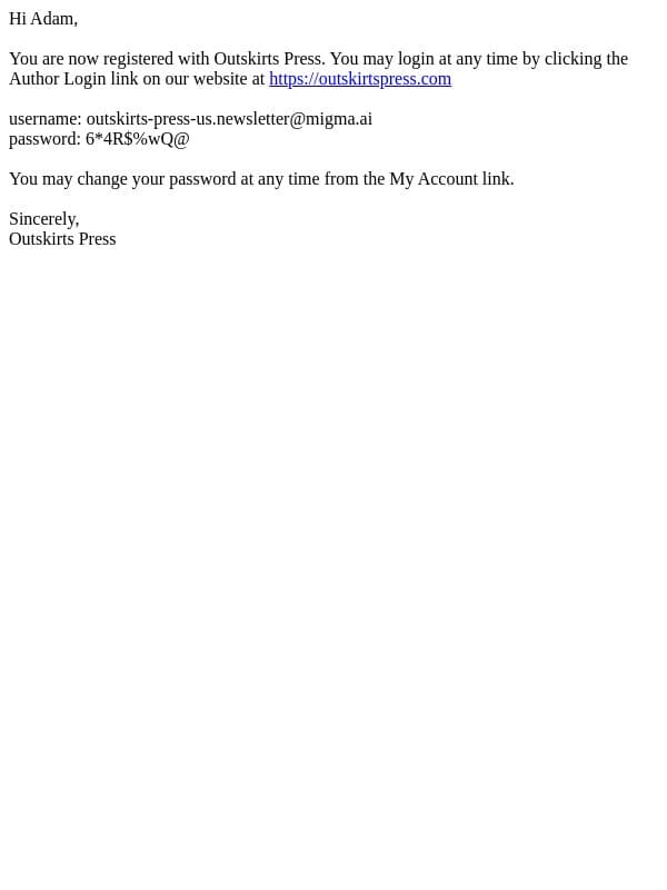 Your Outskirts Press Password email from Outskirts Press screenshot