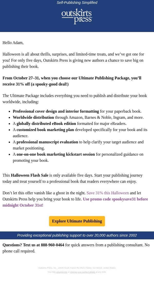 31% off is a scarily good deal for our best publishing service email from Outskirts Press screenshot