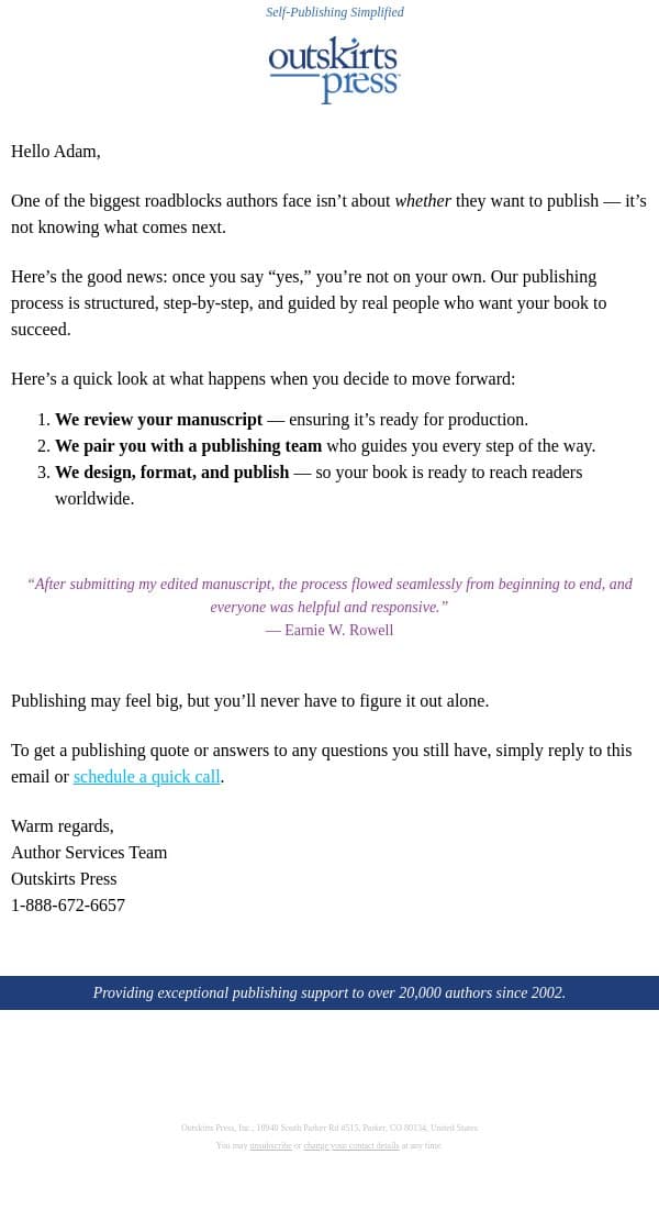 What happens after you say “yes” to publishing email from Outskirts Press screenshot