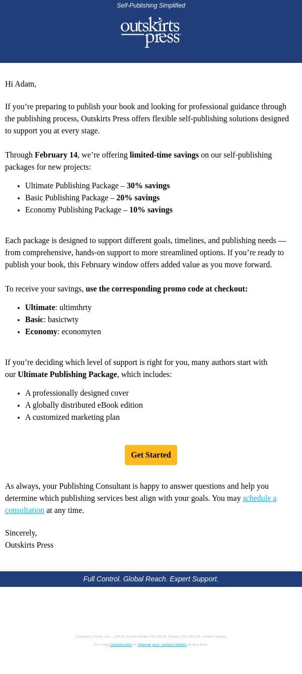 Adam, Save 30% on Your Publishing Package by February 14 email from Outskirts Press screenshot