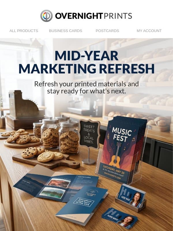 Mid-Year Marketing Refresh Starts Here email from Overnight Prints