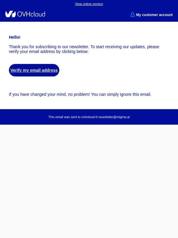 Confirm your newsletter subscription email from OVHcloud screenshot