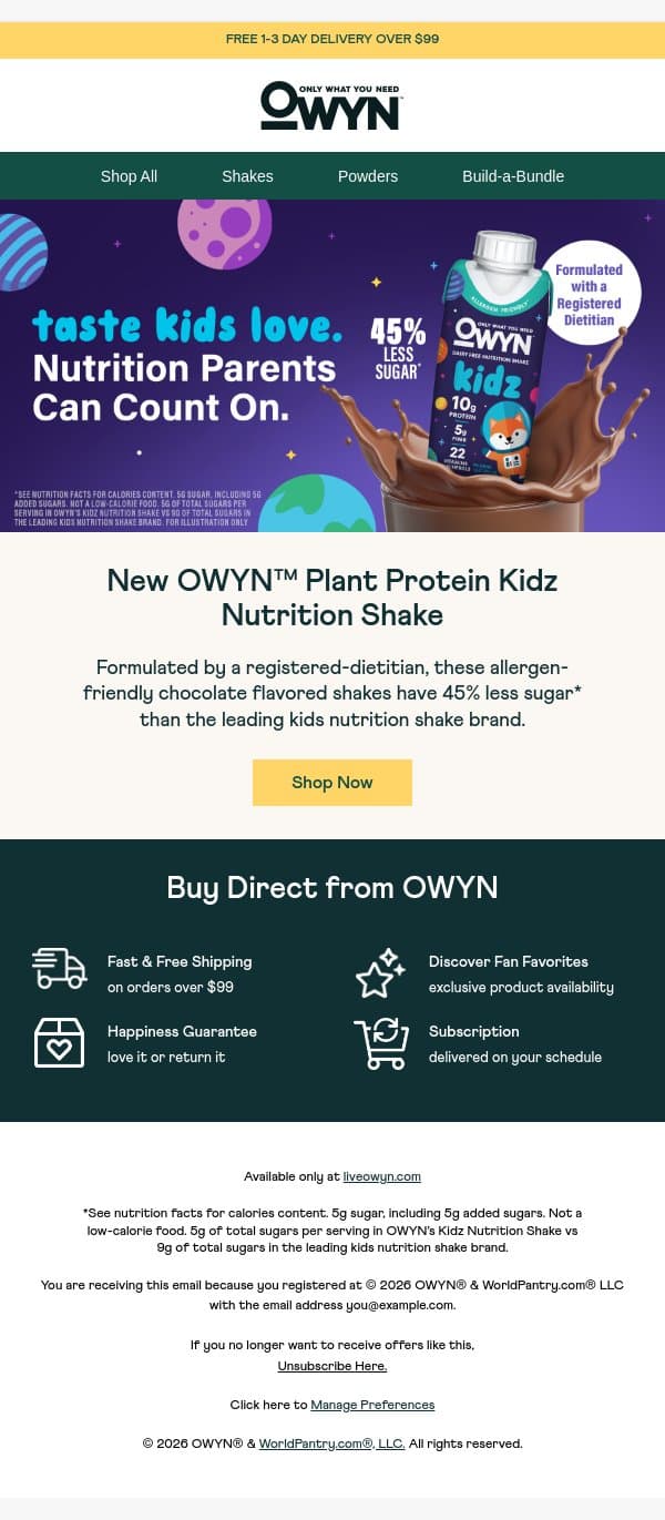 Introducing Kidz Nutrition Shakes email from OWYN screenshot