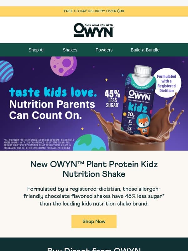 Introducing Kidz Nutrition Shakes email from OWYN