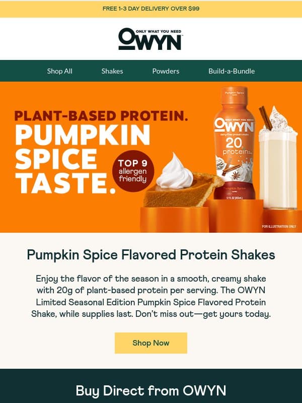 Pumpkin Spice Flavored Protein Shakes—Don’t Miss Out! email from OWYN