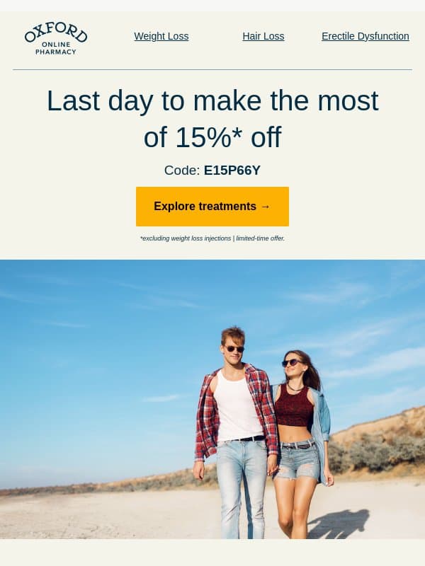 Last day - 15% off wide range of treatments email from Oxford Online Pharmacy