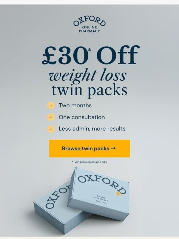 Prime Day special: save £30 off weight loss twin packs email from Oxford Online Pharmacy
