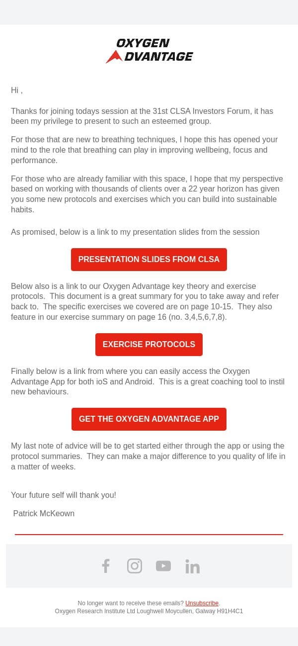 Oxygen Advantage Key Information email from Oxygen Advantage screenshot