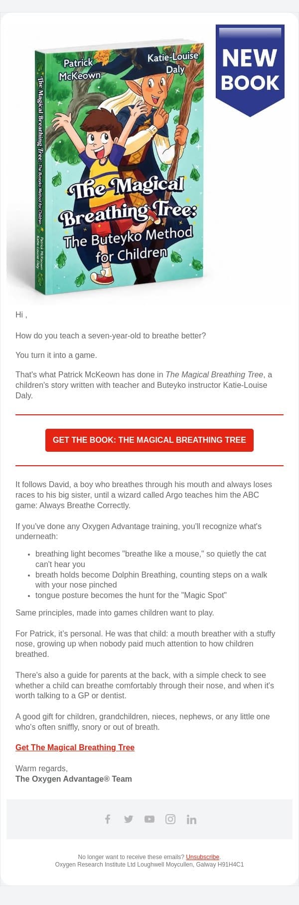 Patrick’s new book for kids email from Oxygen Advantage screenshot
