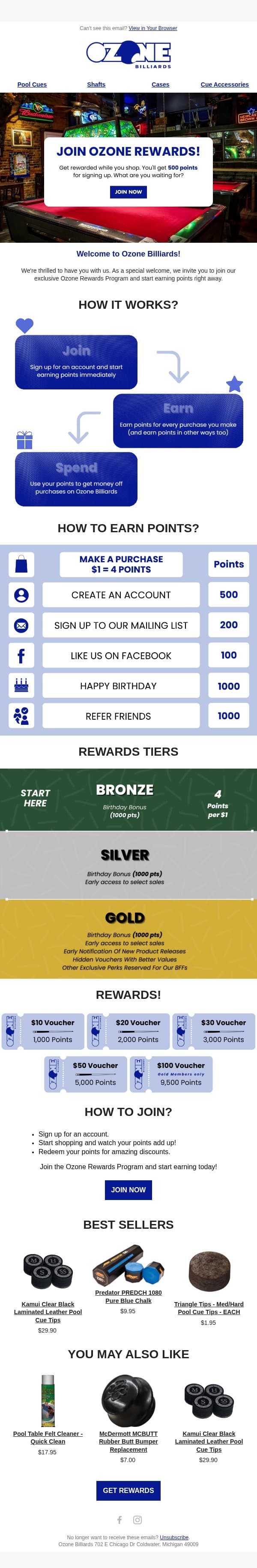 You've Earned Points! email from Ozone Billiards screenshot