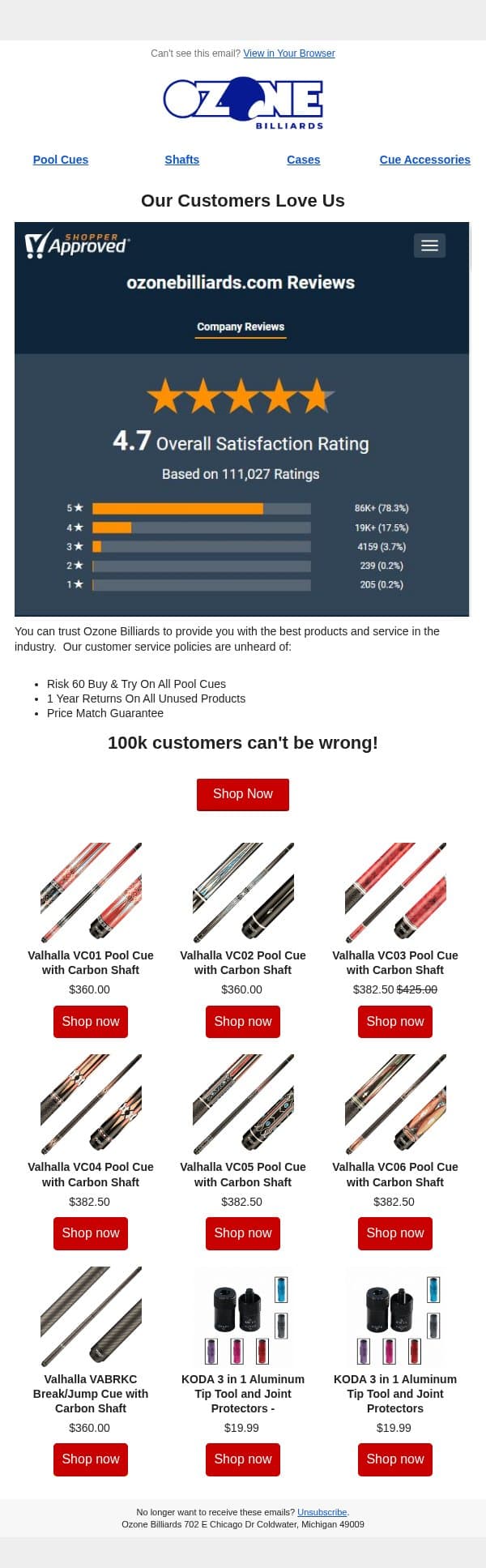 160k+ Customers Can't Be Wrong! email from Ozone Billiards screenshot