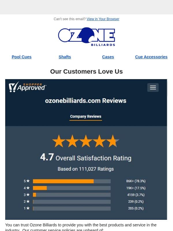 160k+ Customers Can't Be Wrong! email from Ozone Billiards