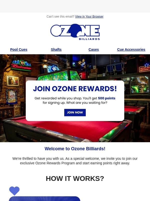 You've Earned Points! email from Ozone Billiards
