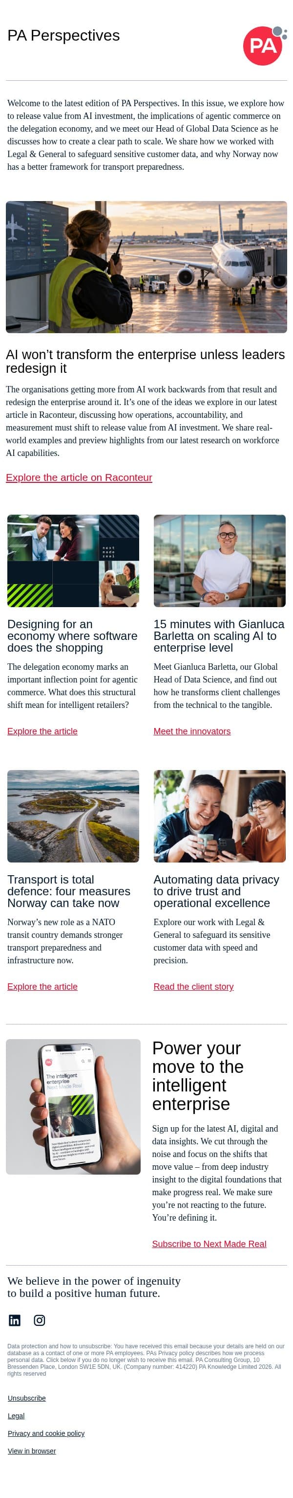 PA Perspectives: AI, resilience and what comes next email from PA Consulting screenshot
