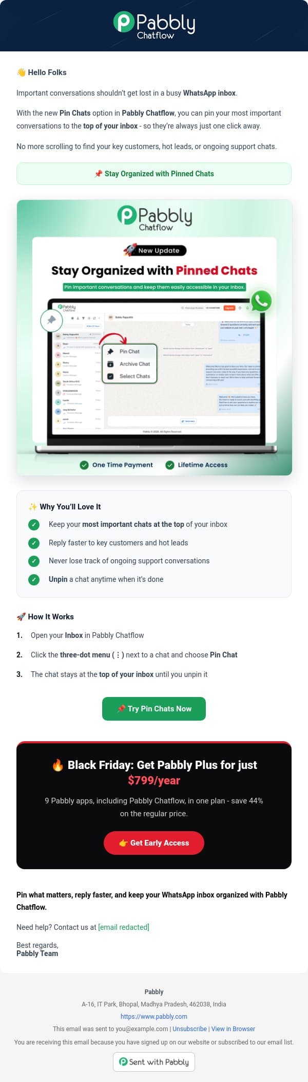 Pin Your Important Inbox Chats and Stay Organized! 📌 email from Pabbly Email Marketing screenshot