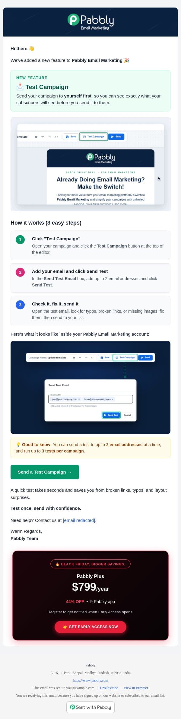π Send a Test Email Before Your Campaign Goes Live email from Pabbly Email Marketing screenshot