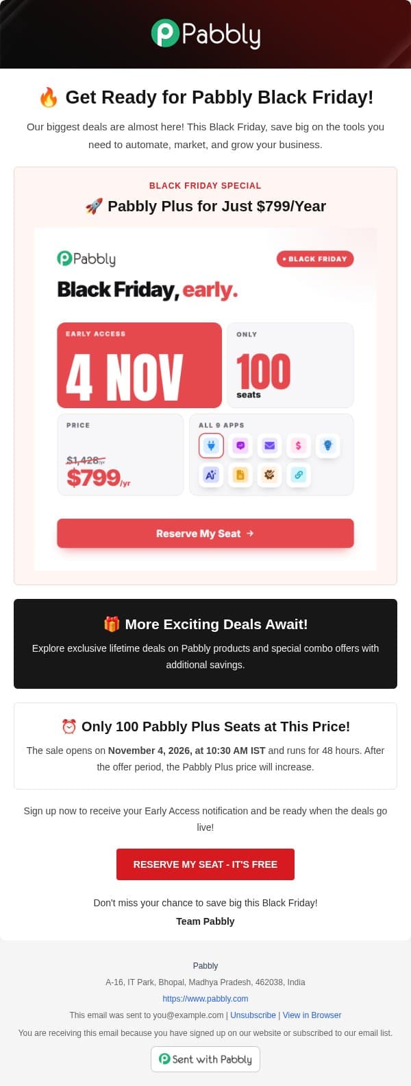 ⏰ Your Early Access to Pabbly Black Friday Starts Nov 4! email from Pabbly Email Marketing screenshot
