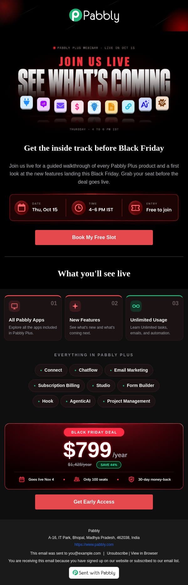 Join Our Live Webinar: The Pabbly Plus Black Friday Reveal🔴 email from Pabbly Email Marketing screenshot