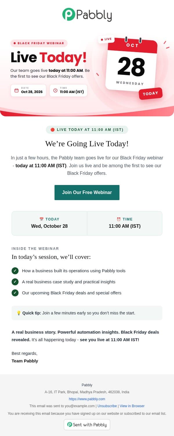 🔴 We're Going LIVE Today at 11 AM IST! email from Pabbly Email Marketing screenshot