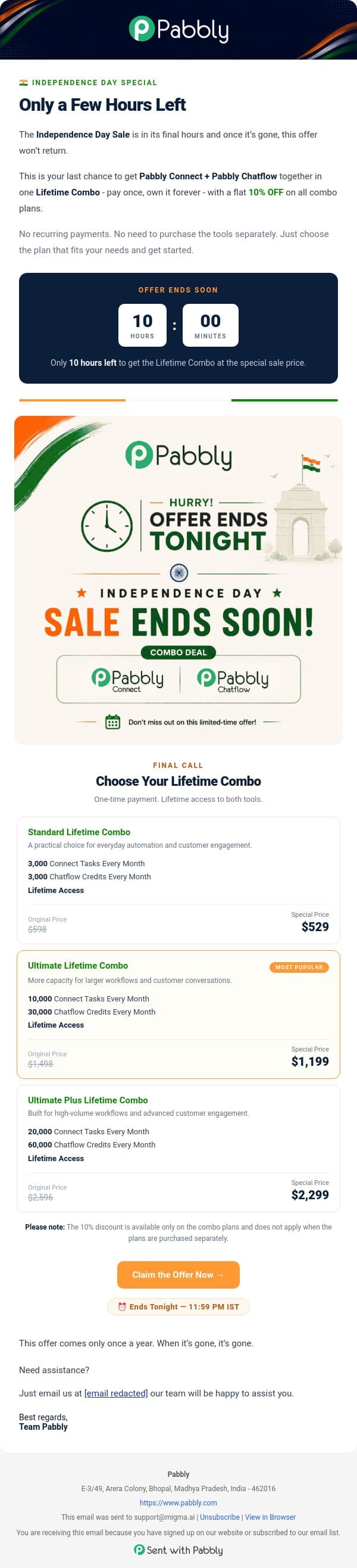 🚀Last Few Hours to Get Pabbly Lifetime Plans! email from Pabbly Email Marketing screenshot