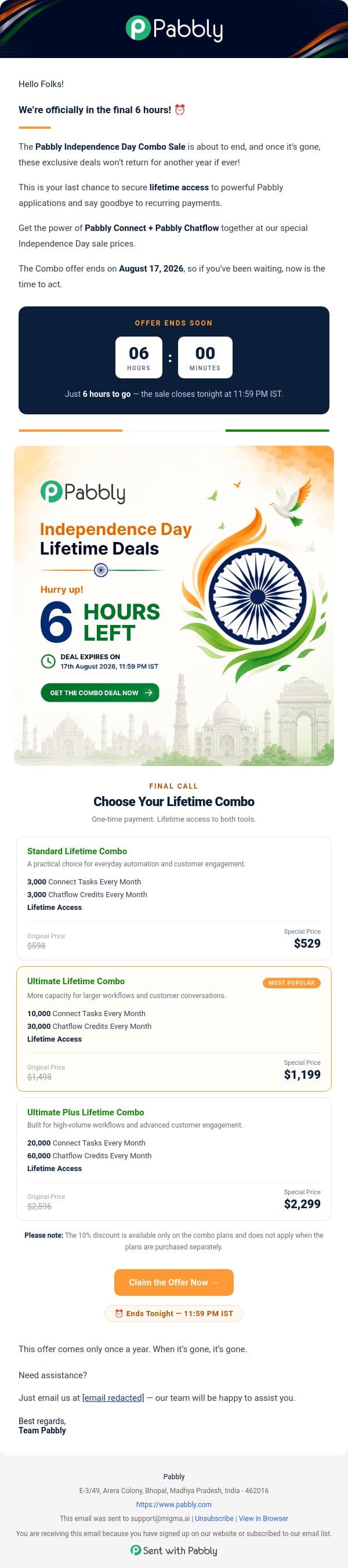 🚨 6 Hours Left: Pabbly Lifetime Deals End Tonight! email from Pabbly Email Marketing screenshot