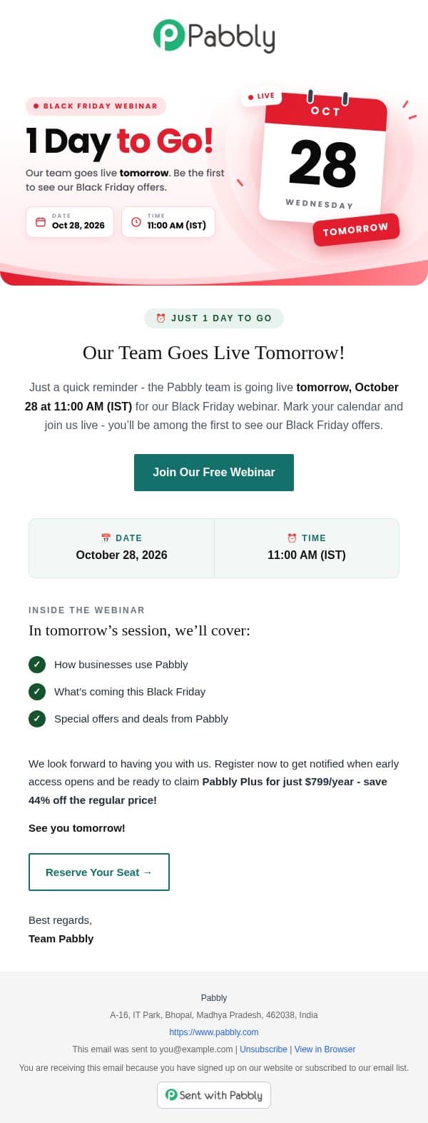⏰ 1 Day to Go! Join Our Free Black Friday Webinar email from Pabbly Email Marketing screenshot