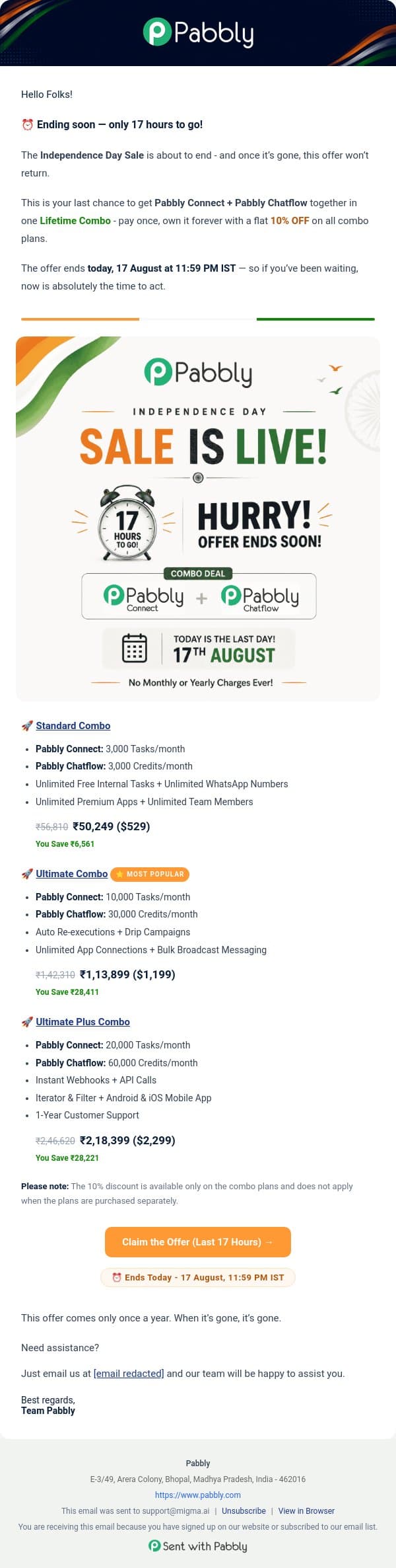 ⏰ 17 Hours Left: Independence Day Sale Ends Tonight! email from Pabbly Email Marketing screenshot