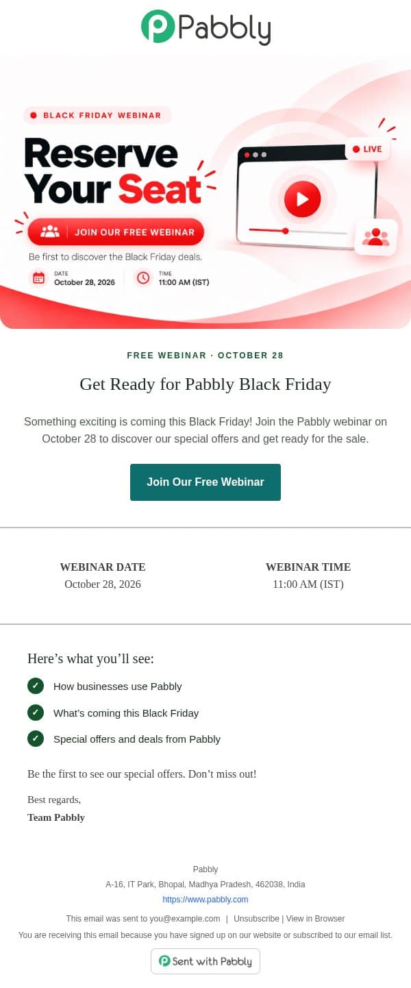 What's Coming This Black Friday? Find Out First! email from Pabbly Email Marketing screenshot