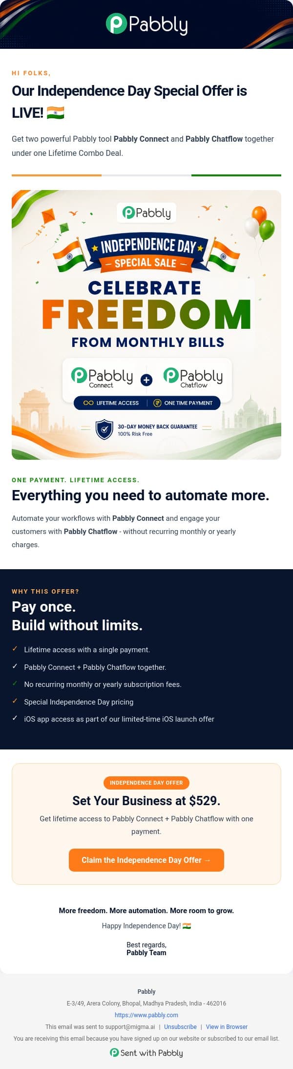 🇮🇳 Independence Day Special Offer Is LIVE - Ends Soon! email from Pabbly Email Marketing screenshot