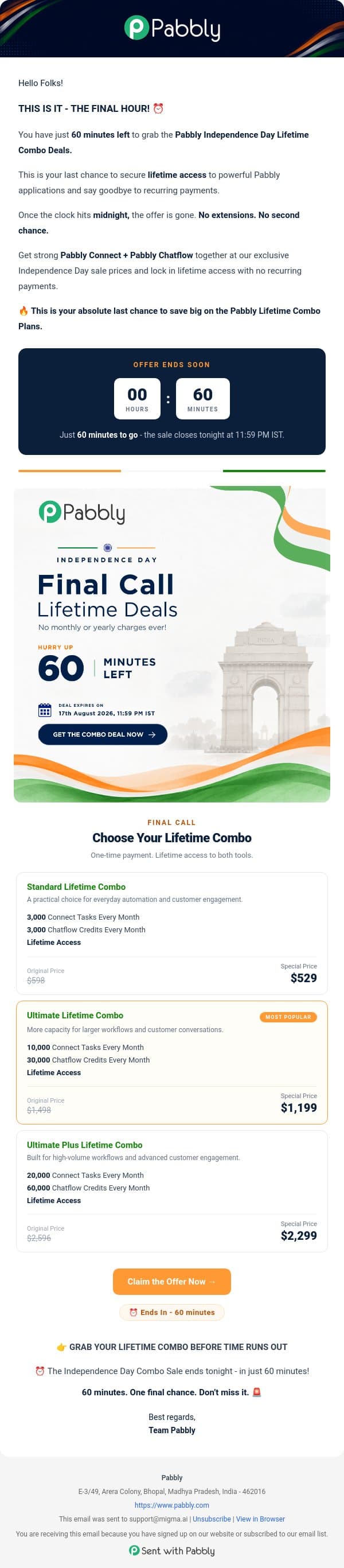๐จ FINAL CALL: Pabbly Lifetime Deals End in 60 Minutes! email from Pabbly Email Marketing screenshot