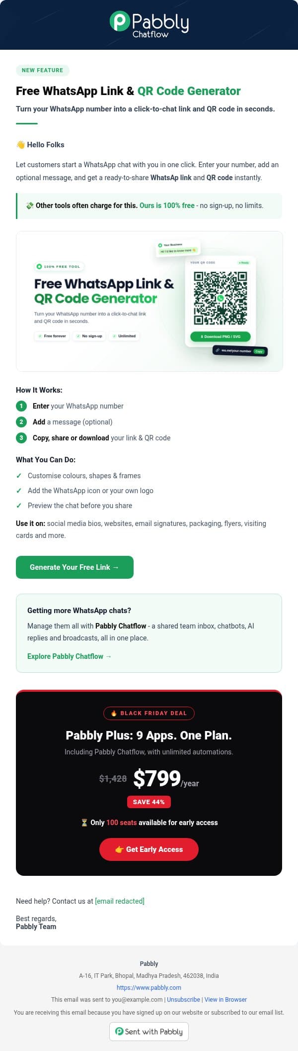 New Feature: WhatsApp Link & QR Code Generator π email from Pabbly Email Marketing screenshot