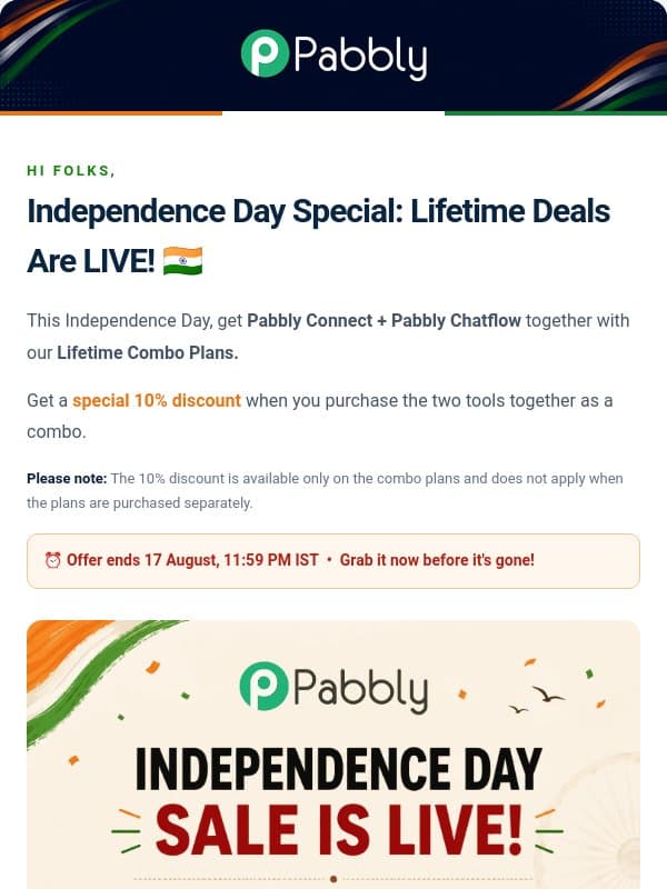 🚀 Independence Day Special Offer Is LIVE - Don't Miss Out! email from Pabbly Email Marketing