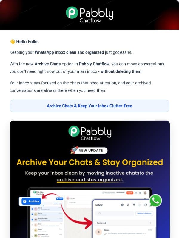 New: Stay Organized with Archive Chats 🚀 email from Pabbly Email Marketing