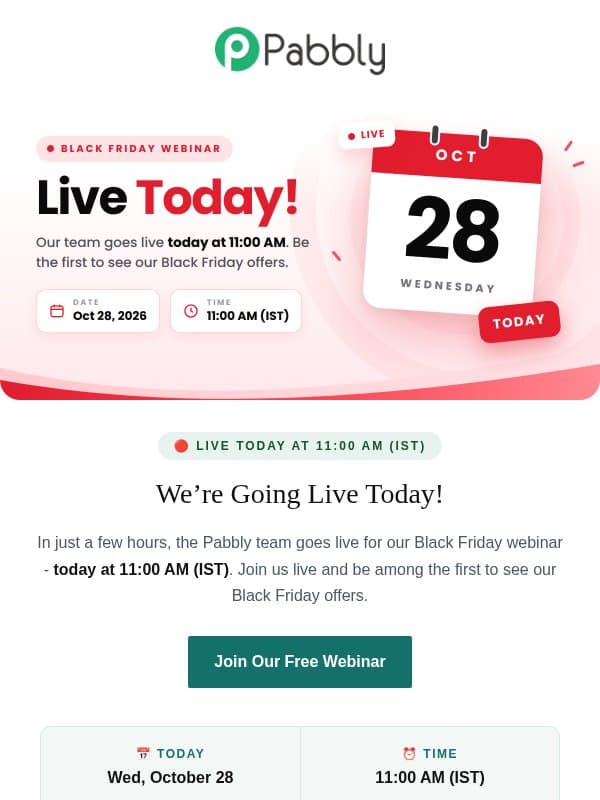 🔴 We're Going LIVE Today at 11 AM IST! email from Pabbly Email Marketing