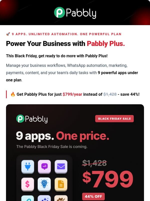 Black Friday: Discover All 9 Pabbly Plus Apps 🎉 email from Pabbly Email Marketing