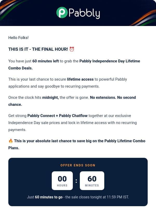 🚨 FINAL CALL: Pabbly Lifetime Deals End in 60 Minutes! email from Pabbly Email Marketing
