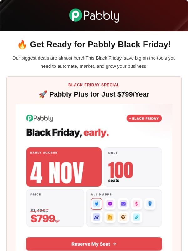 ⏰ Your Early Access to Pabbly Black Friday Starts Nov 4! email from Pabbly Email Marketing