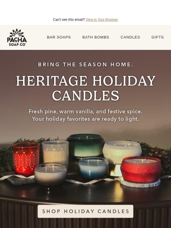 Smells like the holidays email from Pacha Soap Co.
