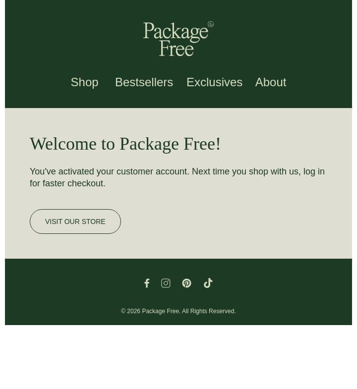 Customer account confirmation email from Package Free Shop screenshot