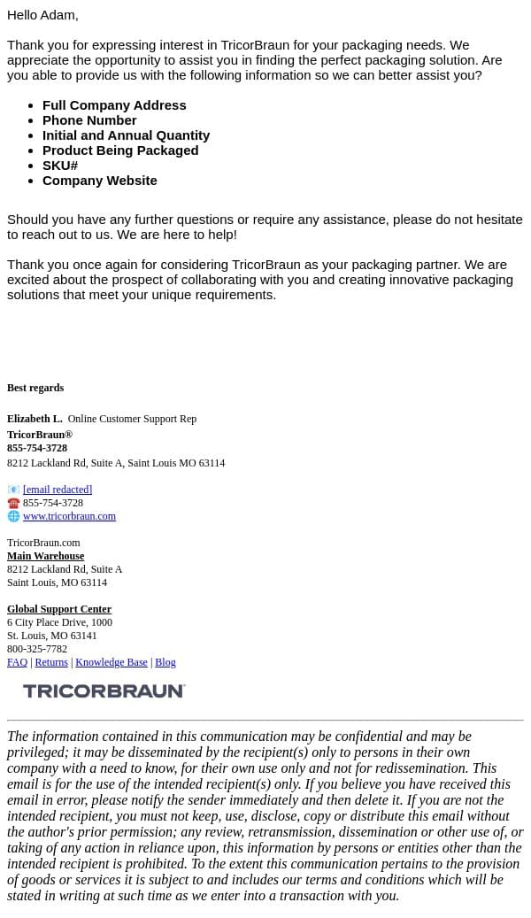 TricorBraun Online Inquiry email from Packaging Options Direct screenshot