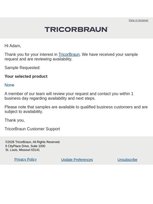 We Received Your Sample Request email from Packaging Options Direct screenshot