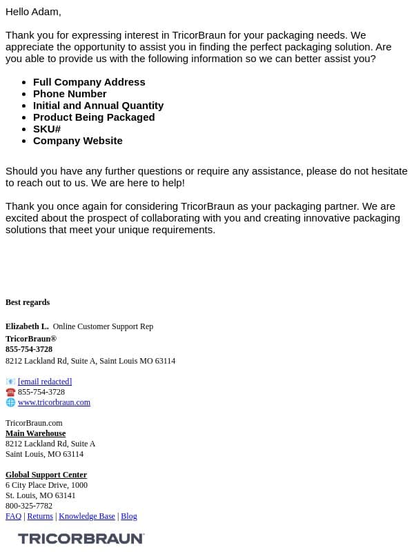 TricorBraun Online Inquiry email from Packaging Options Direct