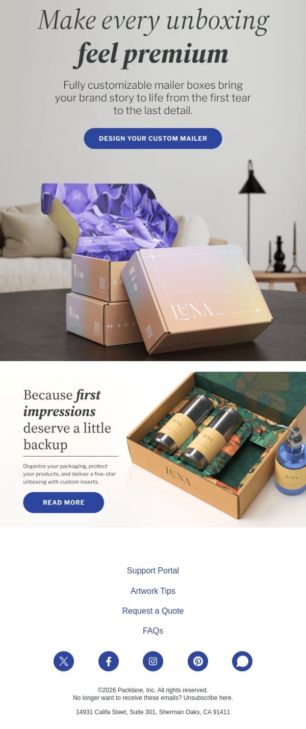 Premium starts at the box email from Packlane screenshot