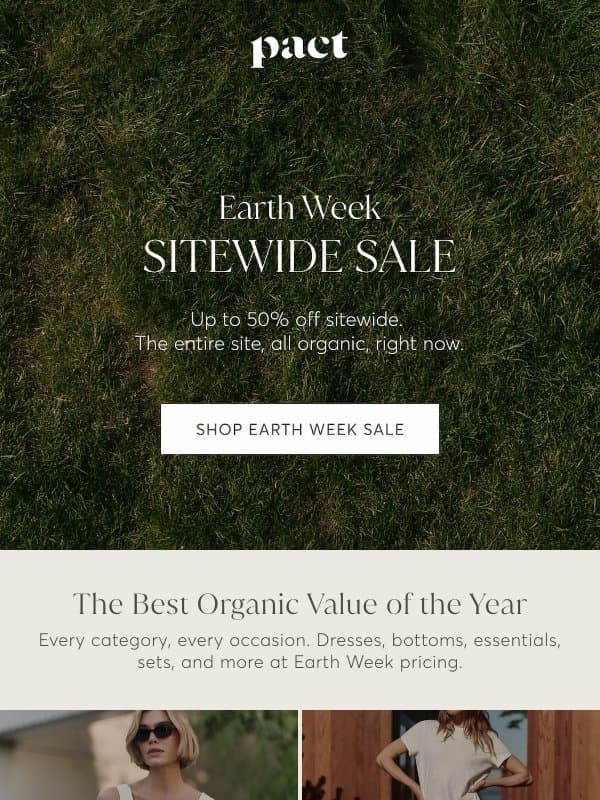 Your Organic Weekend Starts Now. Up to 50% Off. email from Pact
