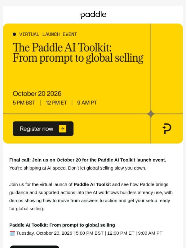 Final call: see the Paddle AI Toolkit in action email from Paddle