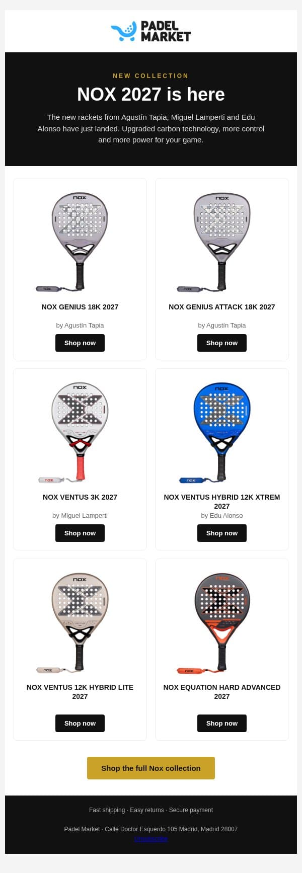 NOX 2027 is here 🔥 The new rackets from Tapia and Lamperti email from Padel Market screenshot
