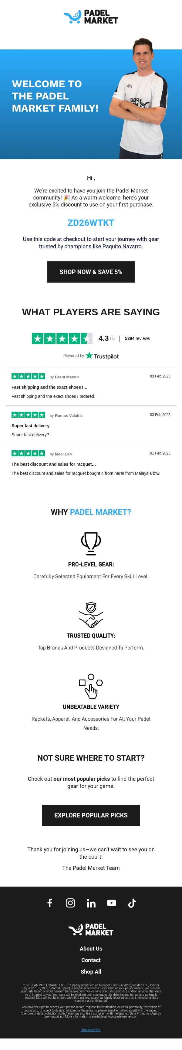 Your 5% Discount Is Here! Let’s Get Started 🎉 email from Padel Market screenshot