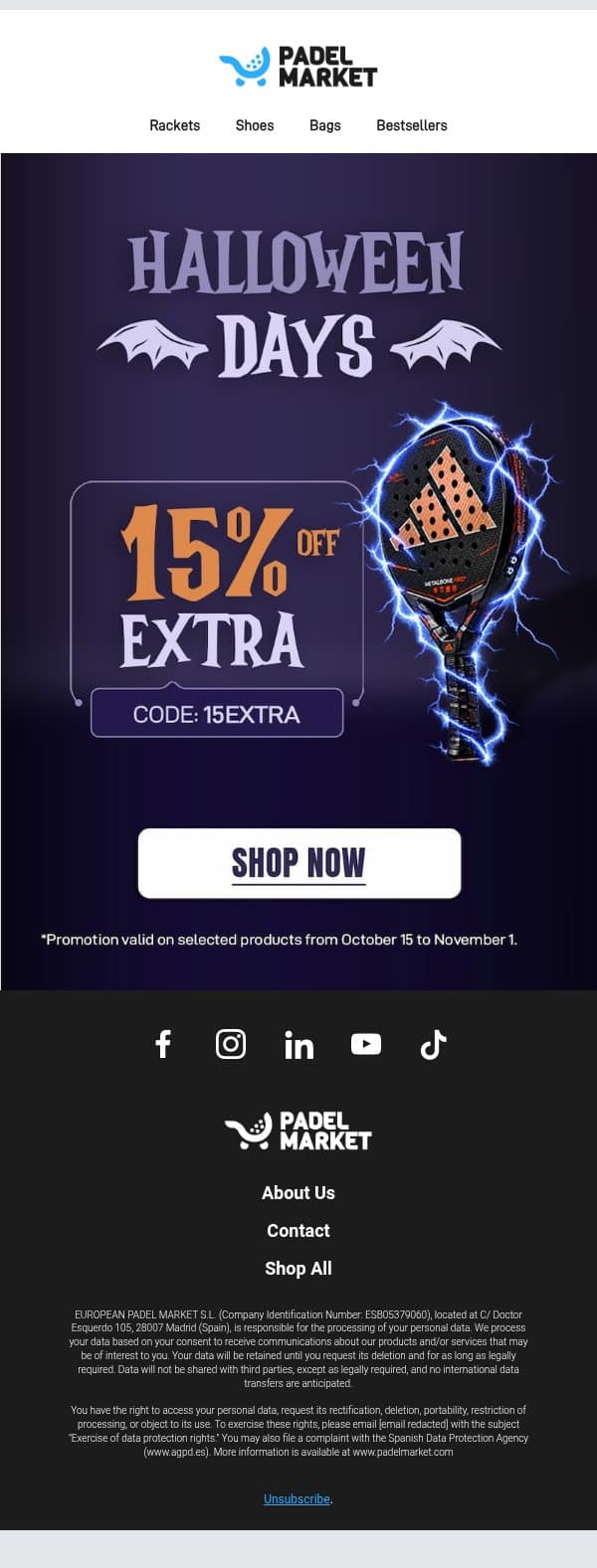 ⏳ Last weekend: EXTRA 15% off with 15EXTRA email from Padel Market screenshot