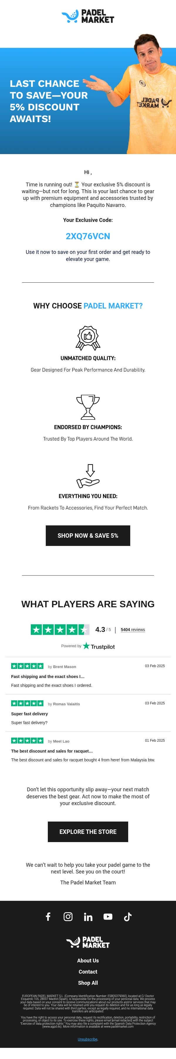 Don’t Miss Out—Your Discount is About to Expire! email from Padel Market screenshot