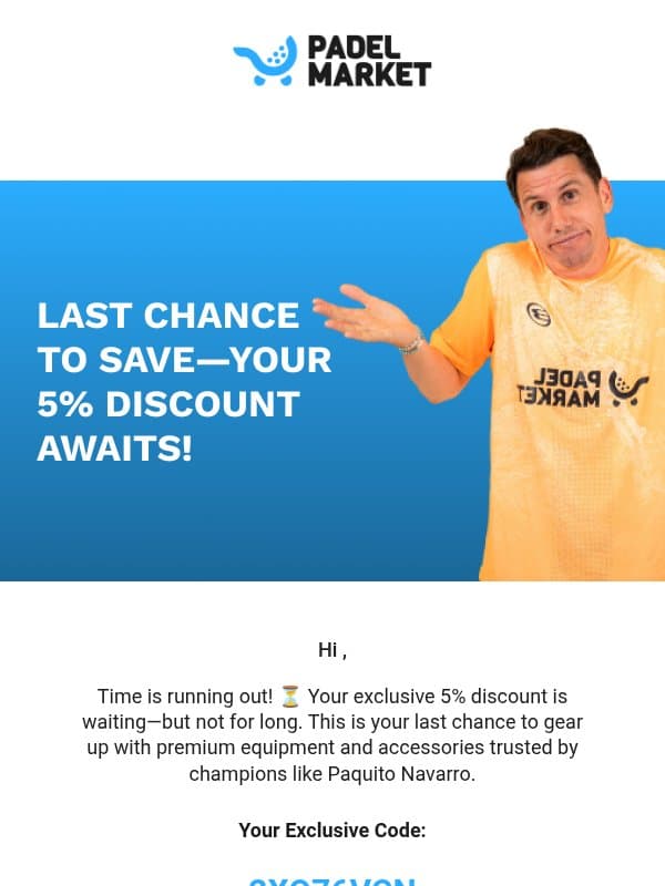Don’t Miss Out—Your Discount is About to Expire! email from Padel Market